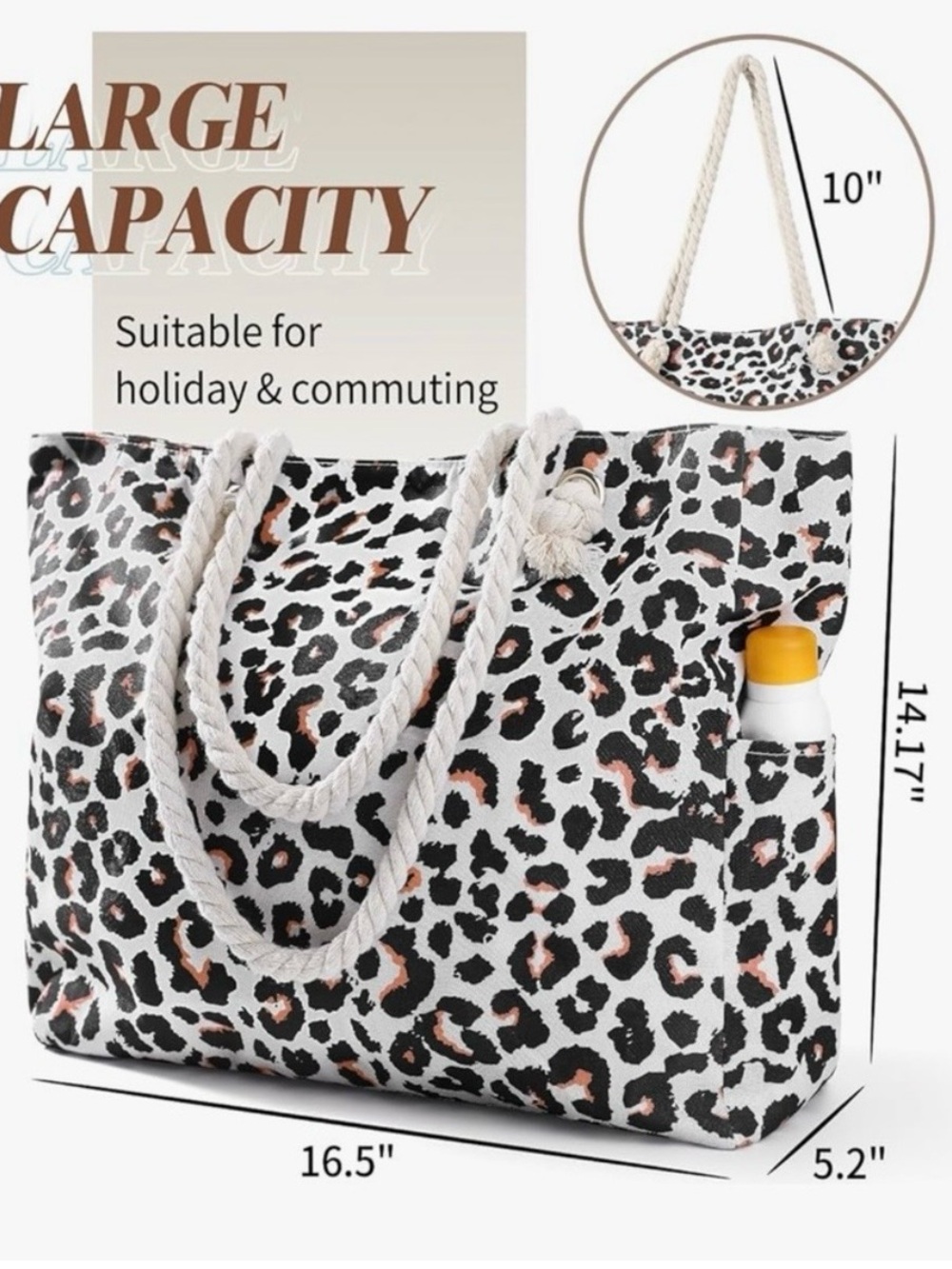 Leopard Print Rope-Handle Tote Bag - Beige/Black - Picture 8 of 10
